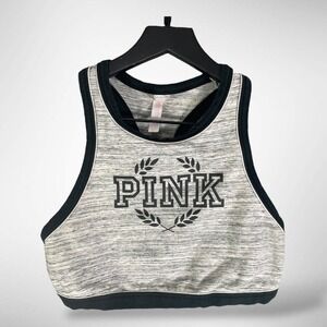 PINK Victoria's Secret Cropped Athletic Top Heather Gray Black Trim Logo Size L